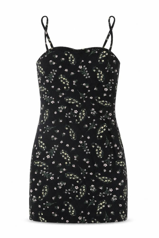 Front view of Miss Selfridge women’s black floral polyester mini, size UK 8, square neck pullover