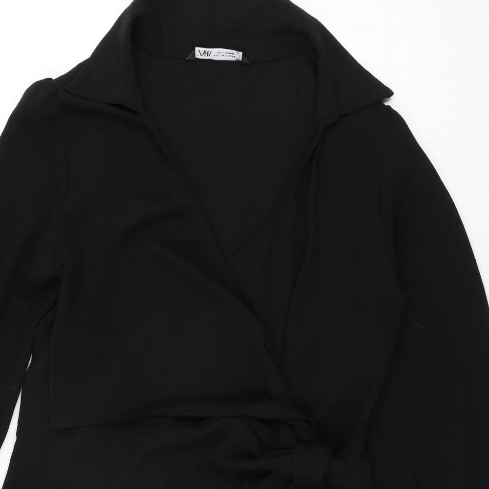 Zara Womens Black Polyester Wrap Dress Size XL V-Neck Zip