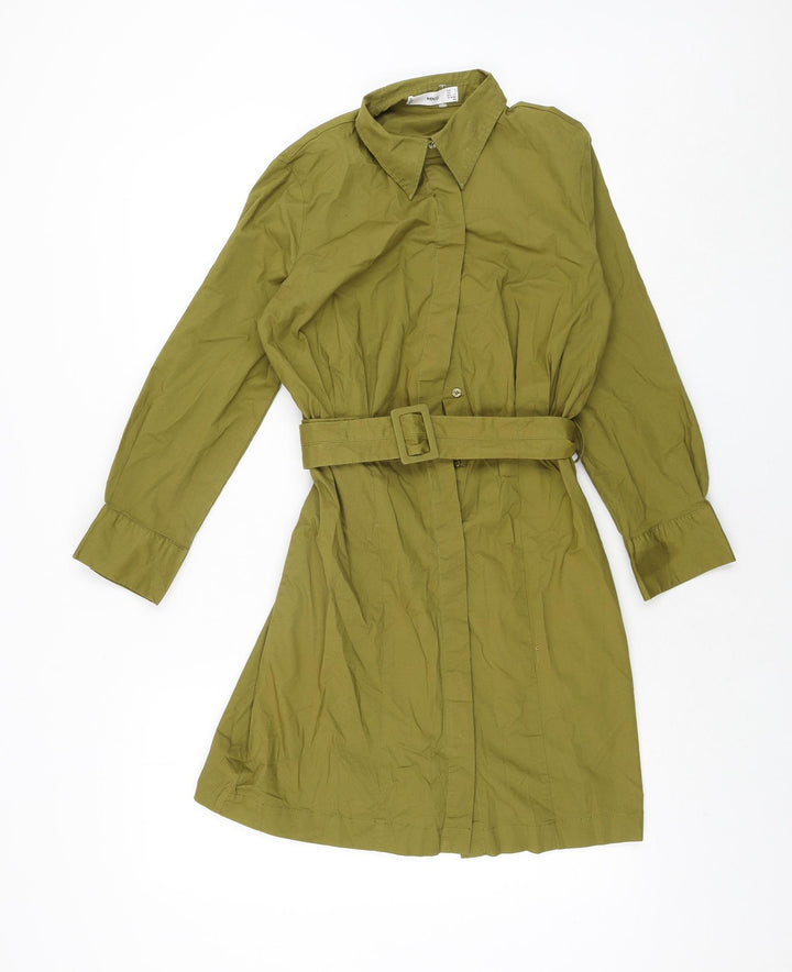 Mango Womens Green Cotton Shift Size S Collared Button - Belted