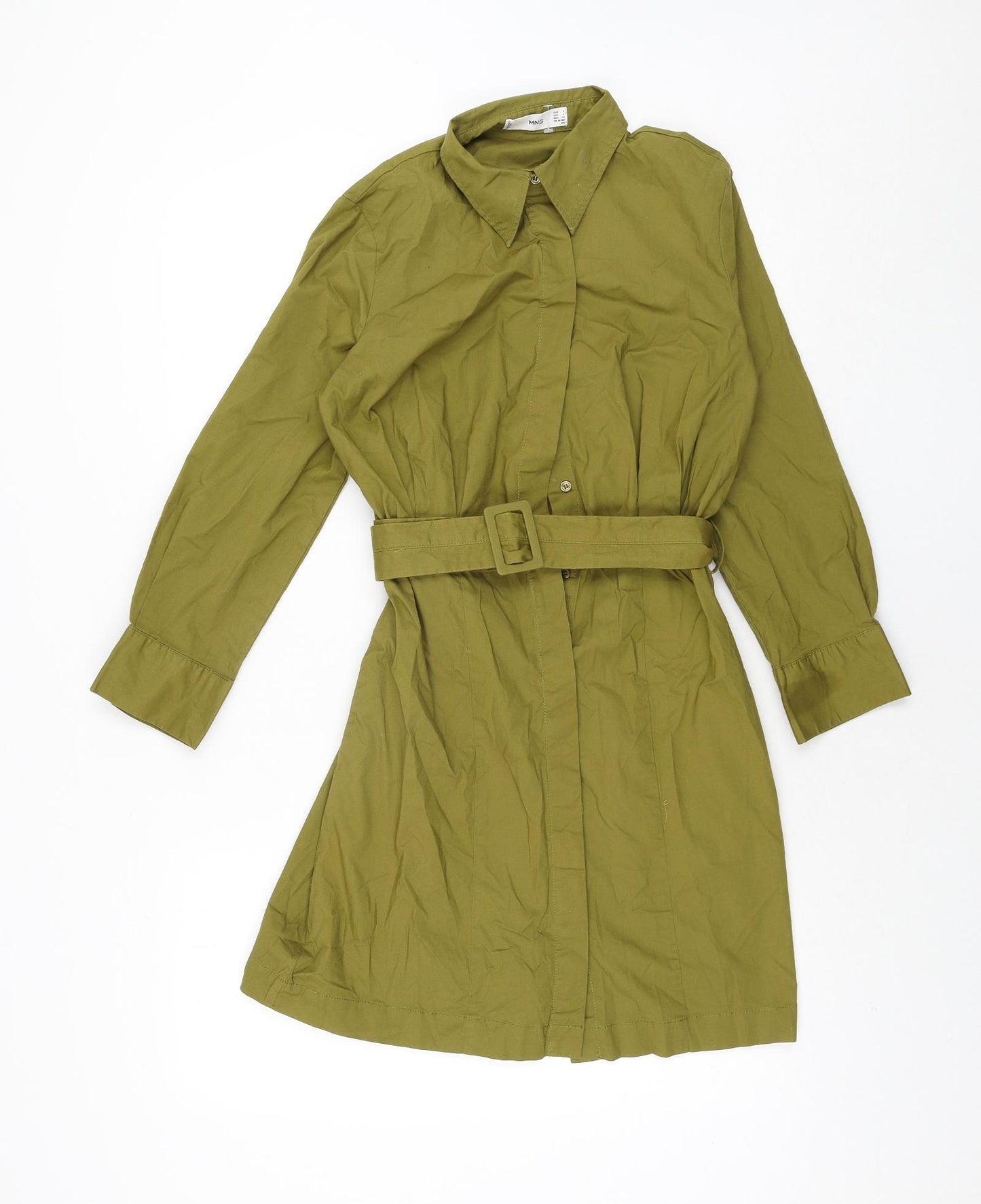 Mango Womens Green Cotton Shift Size S Collared Button - Belted