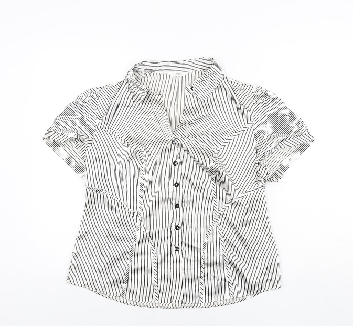 Marks and Spencer Womens White Striped Polyester Basic Blouse Size 16 Collared