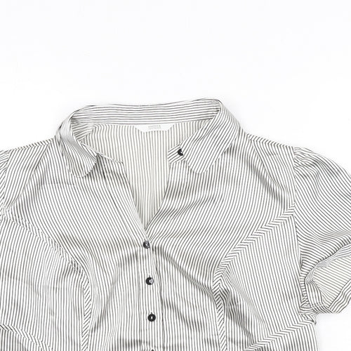 Marks and Spencer Womens White Striped Polyester Basic Blouse Size 16 Collared