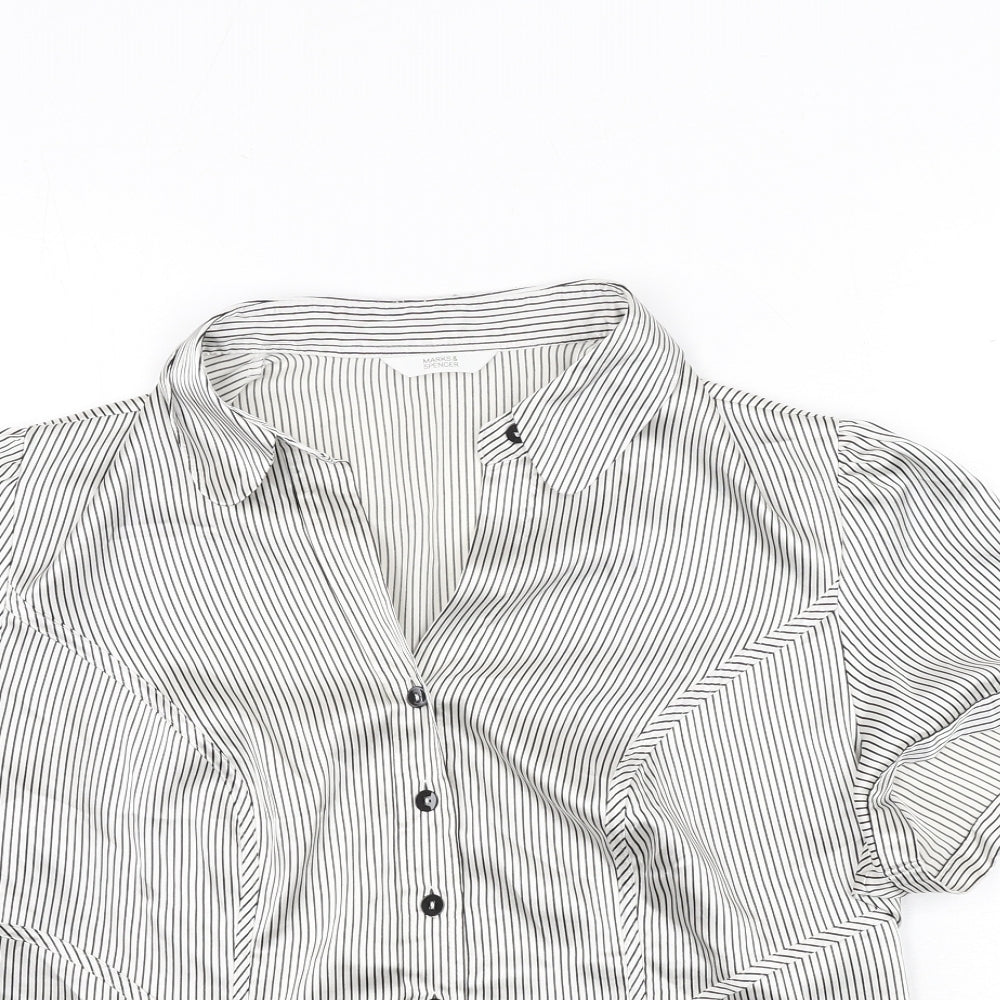 Marks and Spencer Womens White Striped Polyester Basic Blouse Size 16 Collared