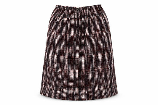 Front view of Per Una women’s black geometric polyester peasant skirt, size UK 14, drawstring
