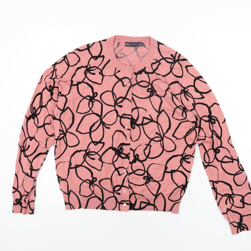 Marks and Spencer Womens Pink Round Neck Geometric Viscose Cardigan Jumper Size 16 - Floral Print