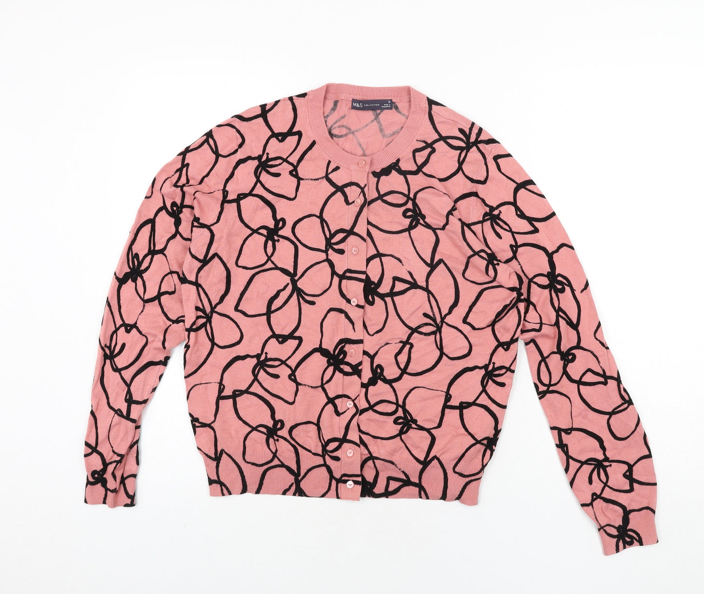 Marks and Spencer Womens Pink Round Neck Geometric Viscose Cardigan Jumper Size 16 - Floral Print