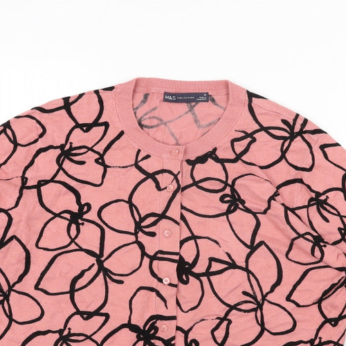 Marks and Spencer Womens Pink Round Neck Geometric Viscose Cardigan Jumper Size 16 - Floral Print