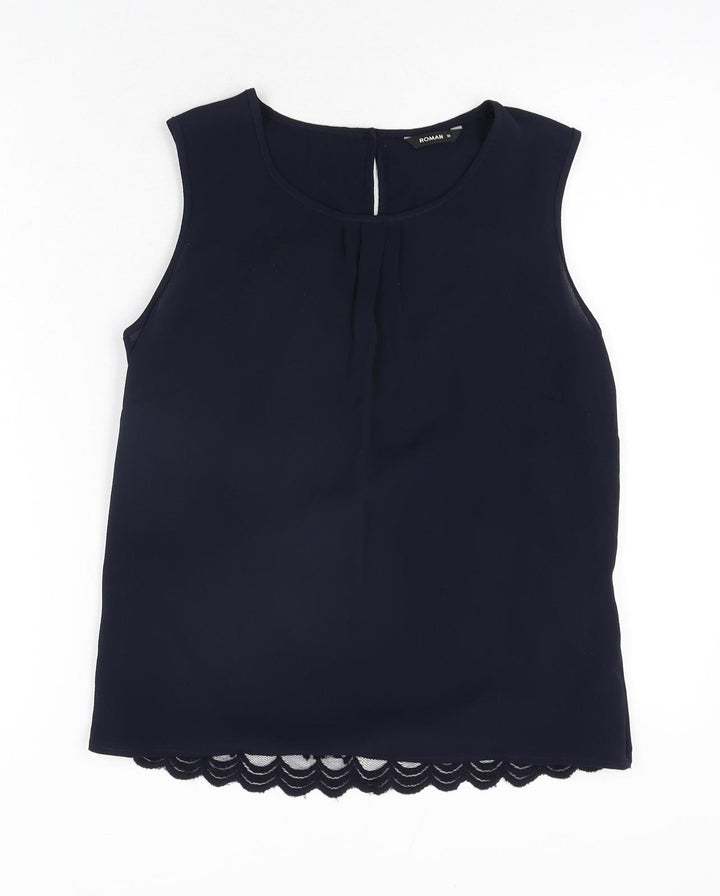 Roman Womens Blue Polyester Camisole Blouse Size 10 Round Neck - Knot Detail Lace Back