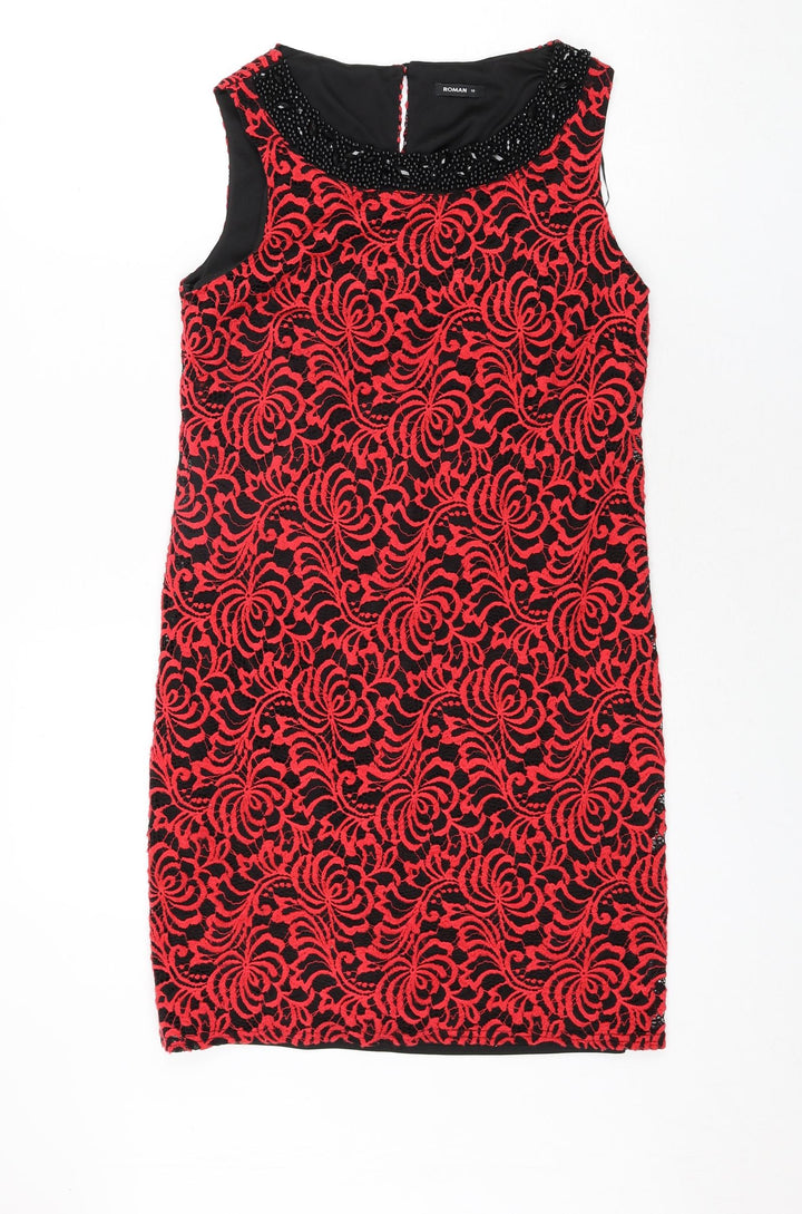 Roman Womens Red Geometric Polyamide Shift Size 10 Round Neck Button