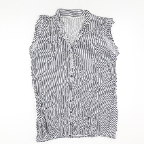 New Look Womens Blue Striped Cotton Tunic Blouse Size 18 V-Neck - Frill
