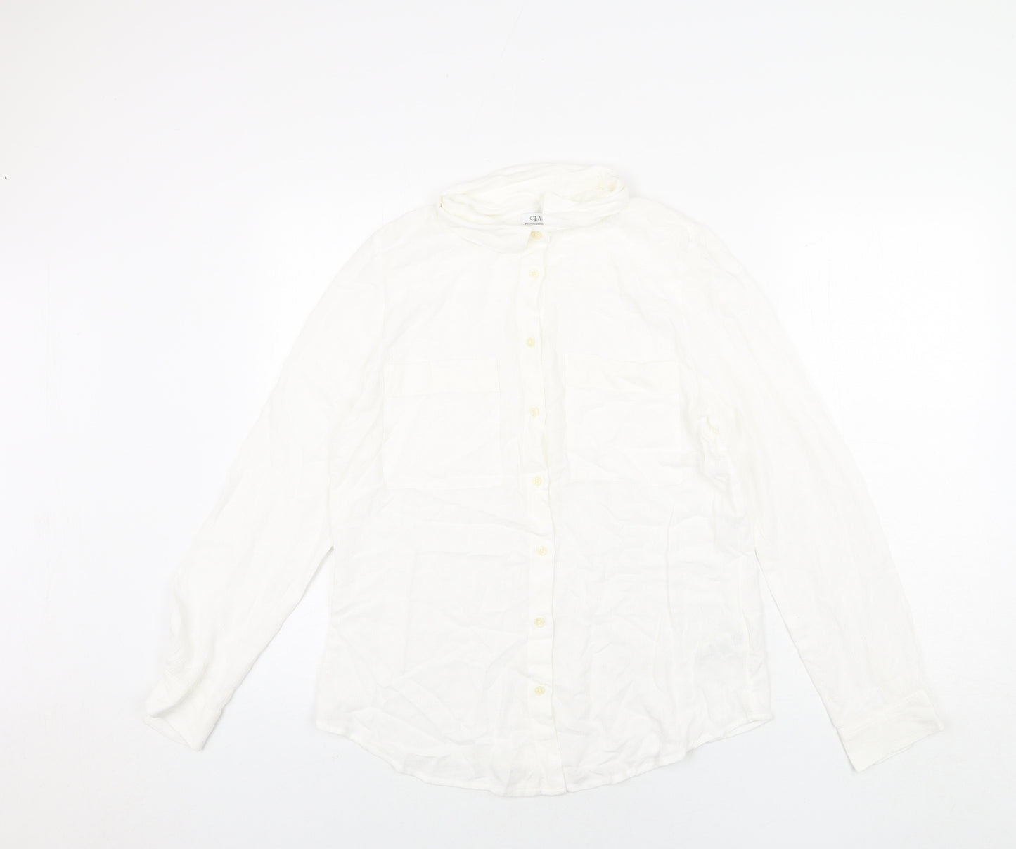 Classic Womens White Viscose Basic Button-Up Size 12 Collared