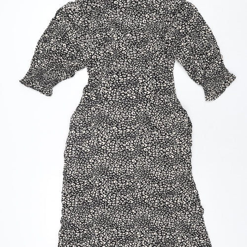 John Lewis Womens Black Animal Print Viscose Shift Size 10 Round Neck Zip - Leopard Print