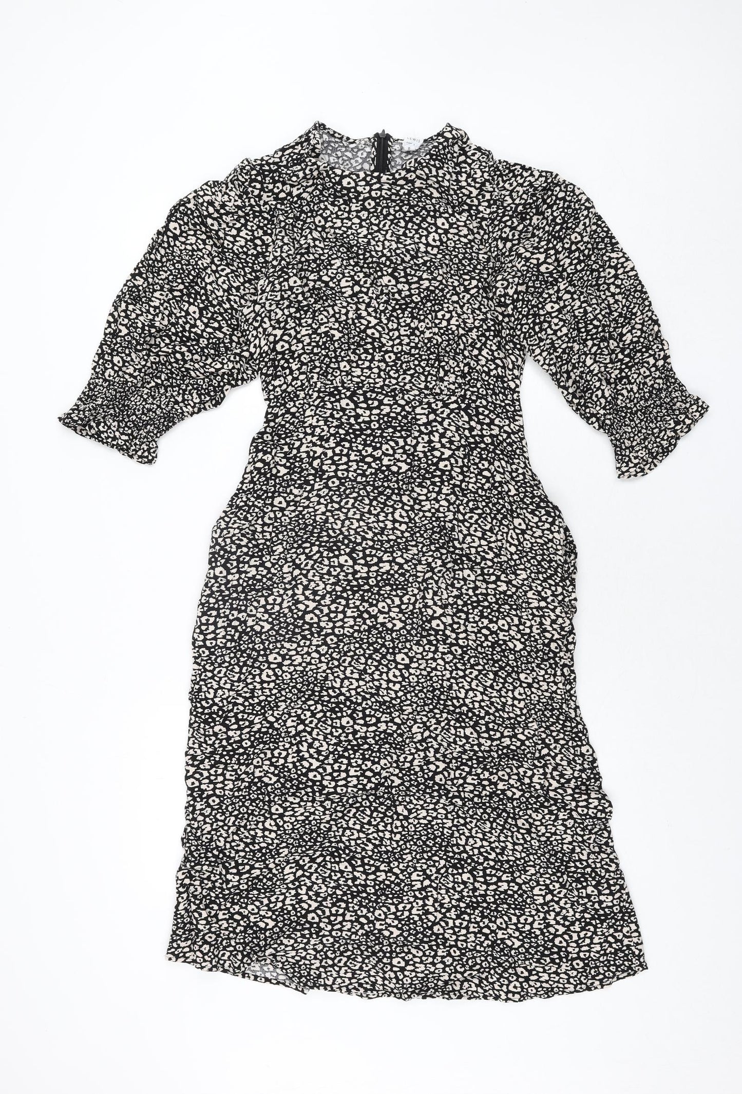 John Lewis Womens Black Animal Print Viscose Shift Size 10 Round Neck Zip - Leopard Print