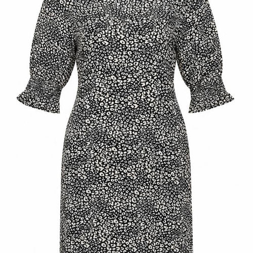 John Lewis Womens Black Animal Print Viscose Shift Size 10 Round Neck Zip - Leopard Print