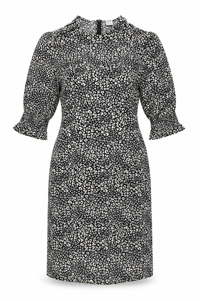 John Lewis Womens Black Animal Print Viscose Shift Size 10 Round Neck Zip - Leopard Print