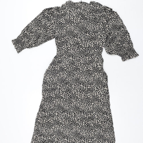 John Lewis Womens Black Animal Print Viscose Shift Size 10 Round Neck Zip - Leopard Print