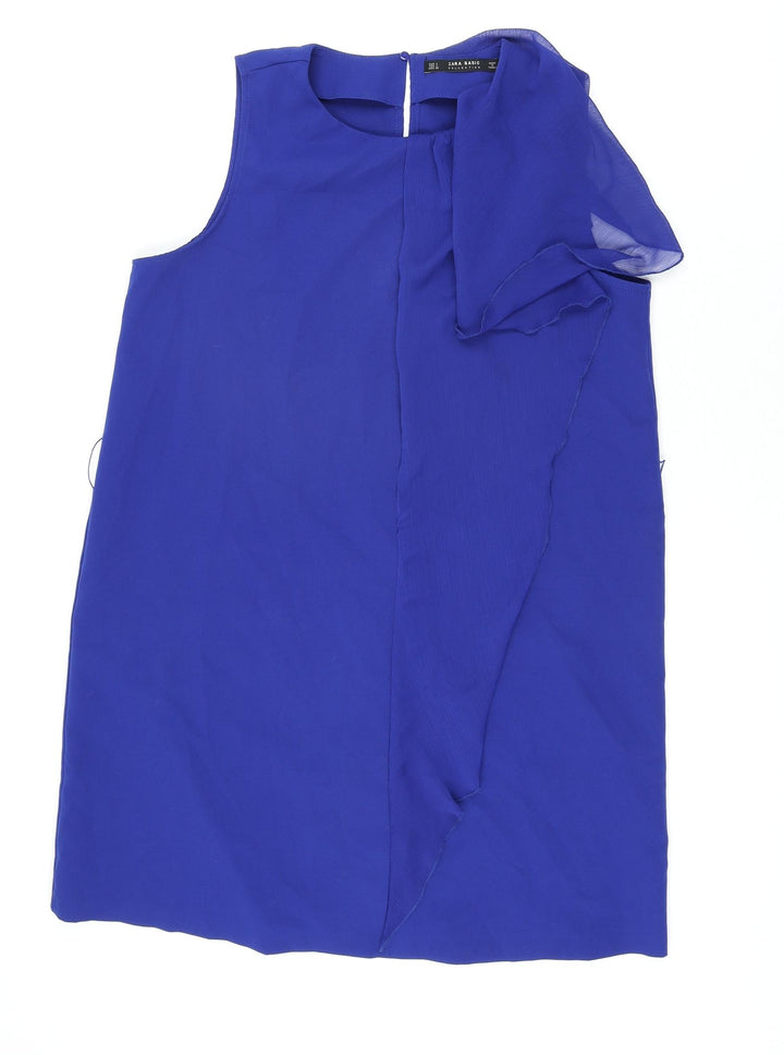 Zara Womens Blue Polyester Shift Size L Round Neck Button - Frill Detail