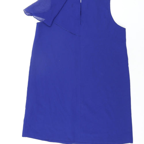 Zara Womens Blue Polyester Shift Size L Round Neck Button - Frill Detail