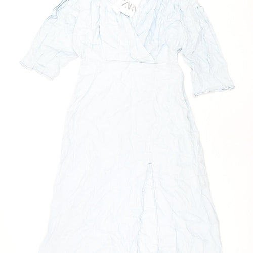 Zara Womens Blue Polyester Maxi Size L V-Neck Pullover - Front Slit