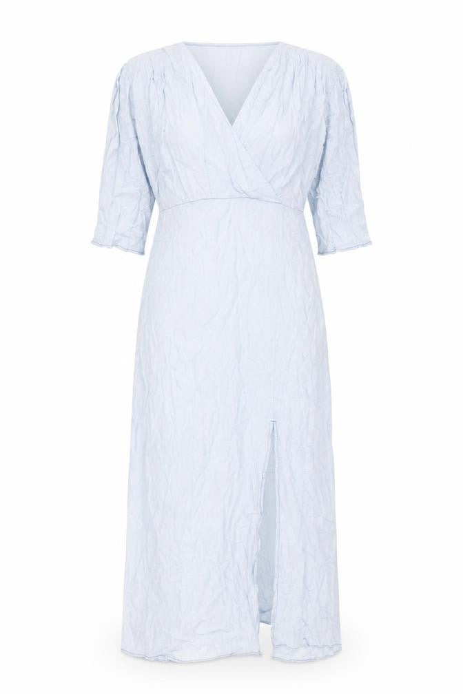 Front view of Zara women’s blue polyester maxi, size L, v-neck pullover - front slit