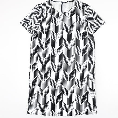Zara Womens Black Geometric Polyester Shift Size M Round Neck Button