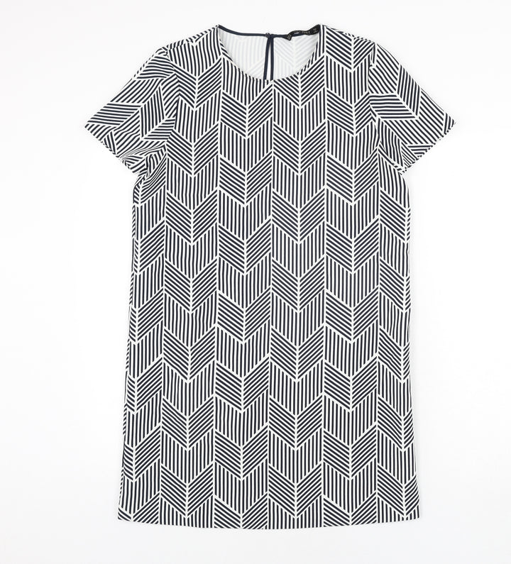 Zara Womens Black Geometric Polyester Shift Size M Round Neck Button