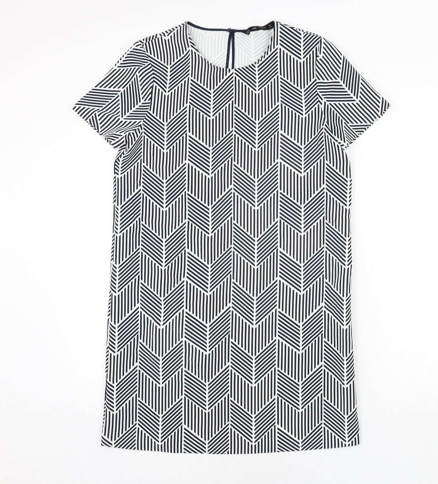 Zara Womens Black Geometric Polyester Shift Size M Round Neck Button