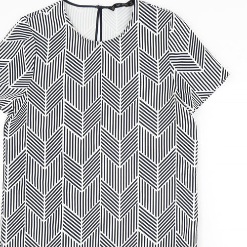 Zara Womens Black Geometric Polyester Shift Size M Round Neck Button