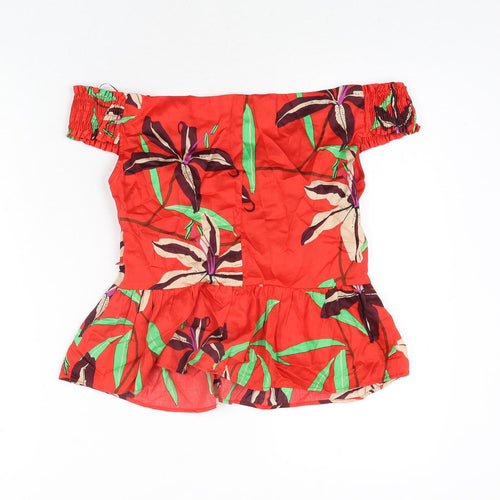 Zara Womens Red Floral Polyester Basic Blouse Size L Sweetheart - Off Shoulder Peplum Rouched