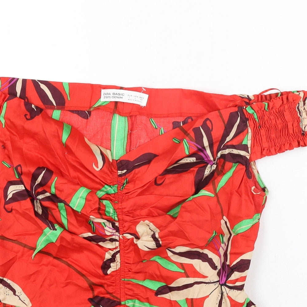 Zara Womens Red Floral Polyester Basic Blouse Size L Sweetheart - Off Shoulder Peplum Rouched