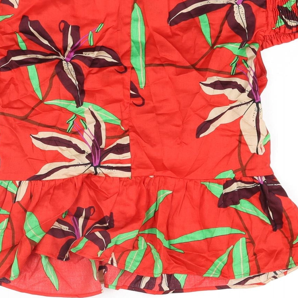 Zara Womens Red Floral Polyester Basic Blouse Size L Sweetheart - Off Shoulder Peplum Rouched