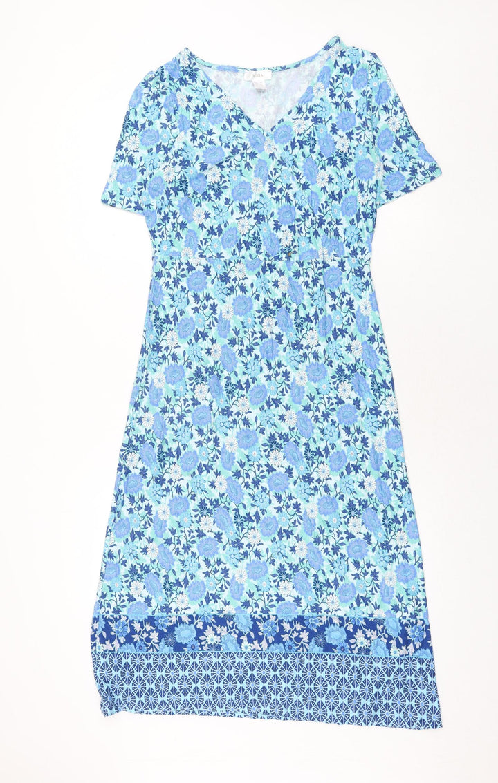 Mona Womens Blue Floral Viscose Shift Size 12 V-Neck Pullover
