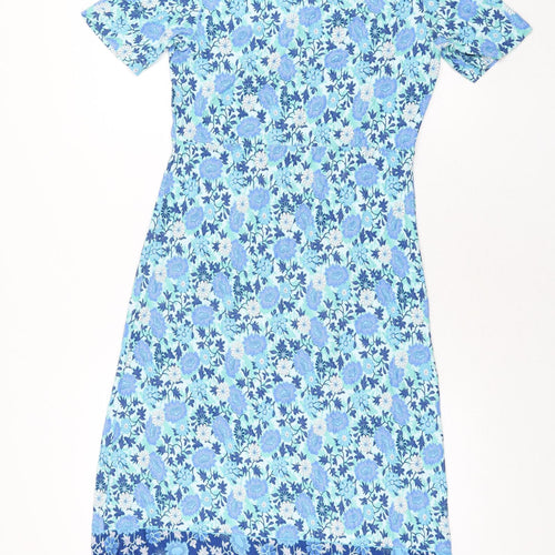 Mona Womens Blue Floral Viscose Shift Size 12 V-Neck Pullover