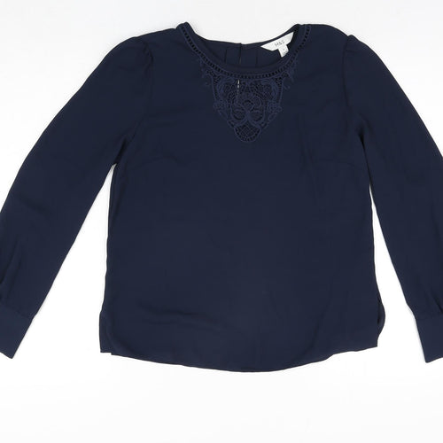 Marks and Spencer Womens Blue Polyester Basic Blouse Size 8 Round Neck - Embroidered Detail