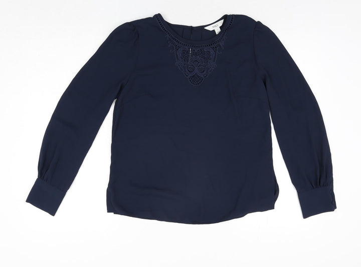 Marks and Spencer Womens Blue Polyester Basic Blouse Size 8 Round Neck - Embroidered Detail