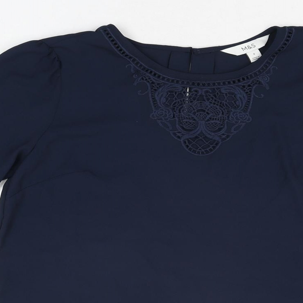 Marks and Spencer Womens Blue Polyester Basic Blouse Size 8 Round Neck - Embroidered Detail