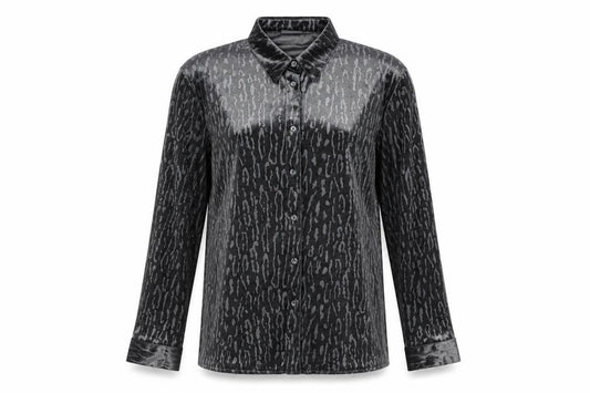 Front view of Linea women’s grey geometric polyester basic blouse, size UK 12, collared