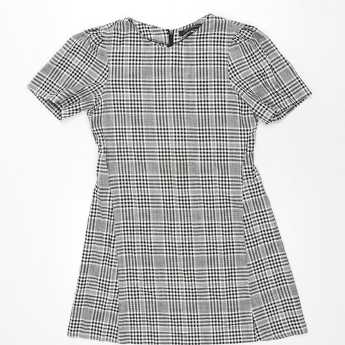 Zara Womens Grey Check Polyester A-Line Size S Round Neck Zip