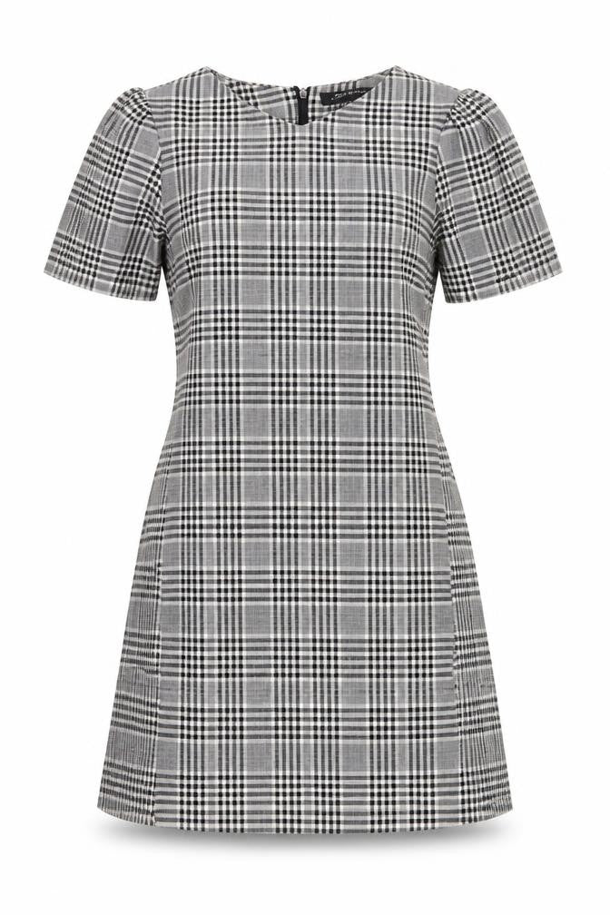 Front view of Zara women’s grey check polyester a-line, size S, round neck zip