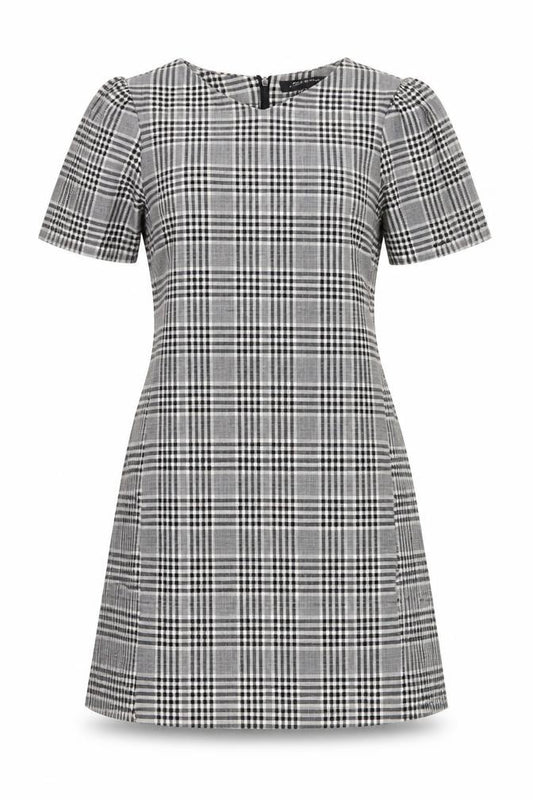 Front view of Zara women’s grey check polyester a-line, size S, round neck zip