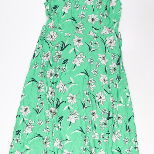 Marks and Spencer Womens Green Floral Cotton A-Line Size 8 V-Neck Tie - Frill