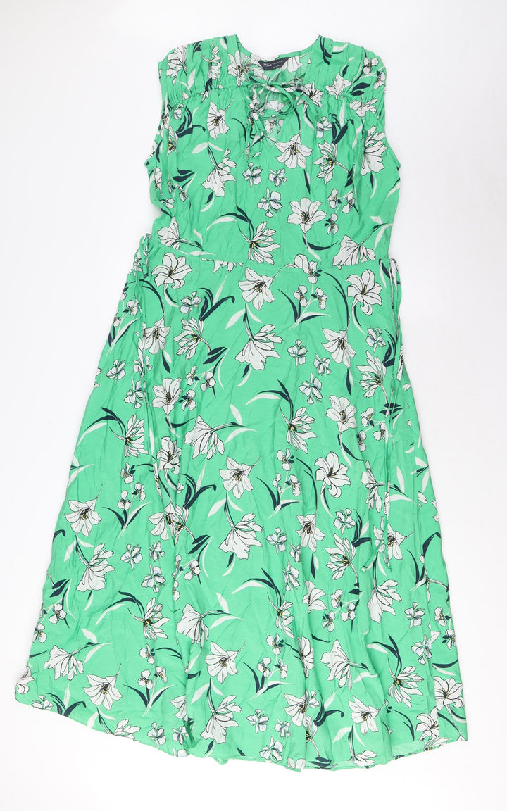 Marks and Spencer Womens Green Floral Cotton A-Line Size 8 V-Neck Tie - Frill