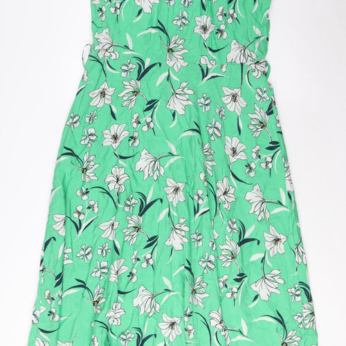 Marks and Spencer Womens Green Floral Cotton A-Line Size 8 V-Neck Tie - Frill