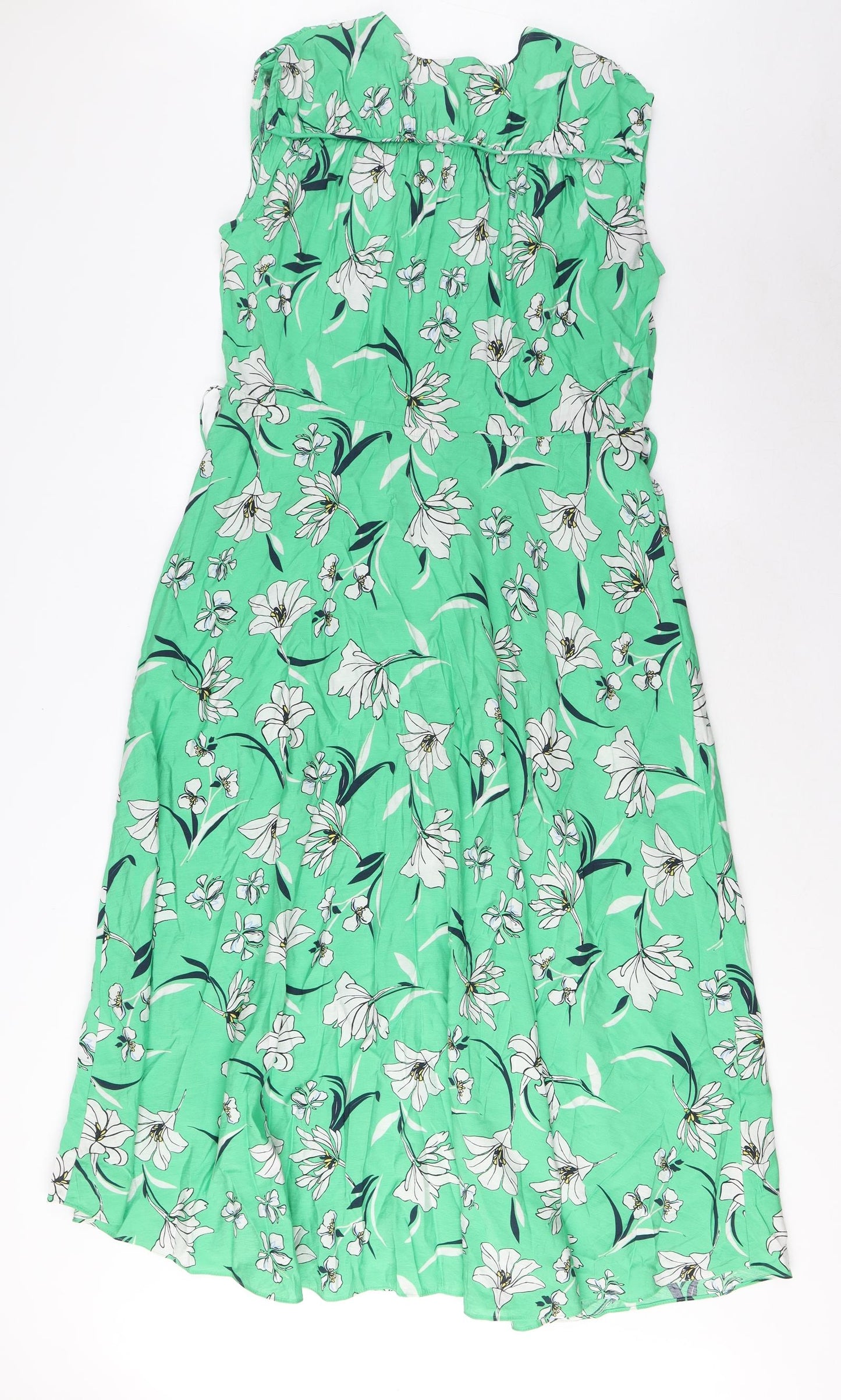 Marks and Spencer Womens Green Floral Cotton A-Line Size 8 V-Neck Tie - Frill