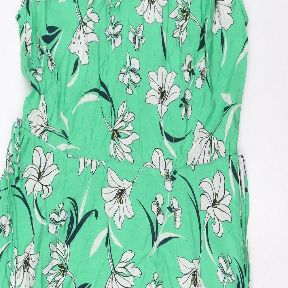 Marks and Spencer Womens Green Floral Cotton A-Line Size 8 V-Neck Tie - Frill