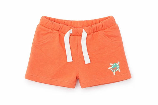 Front view of Marks & Spencer boys’ orange cotton cropped trousers, size 0-3, months drawstring - turtle