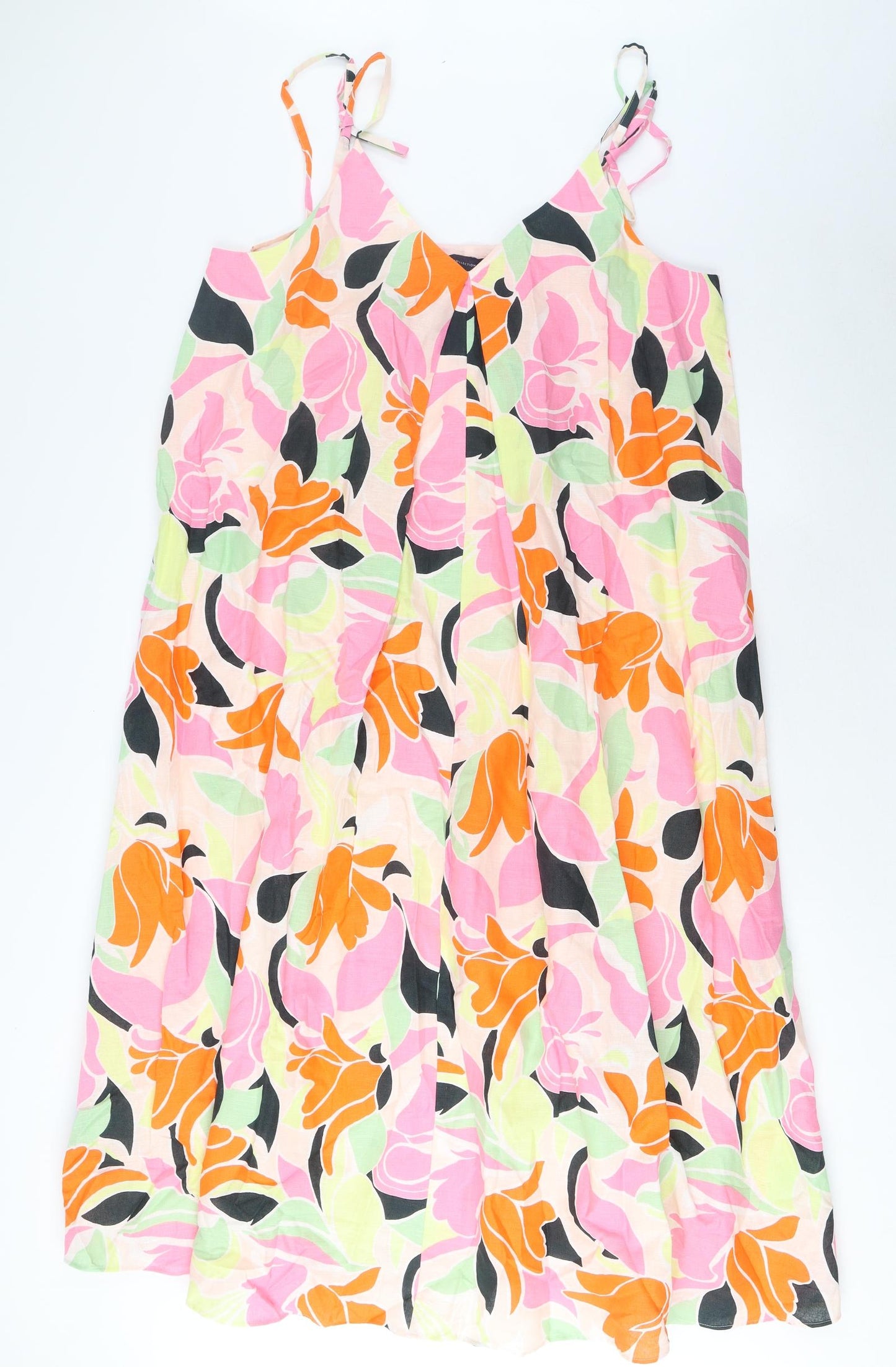 Marks and Spencer Womens Multicoloured Geometric Linen A-Line Size 14 V-Neck Pullover - Pleated