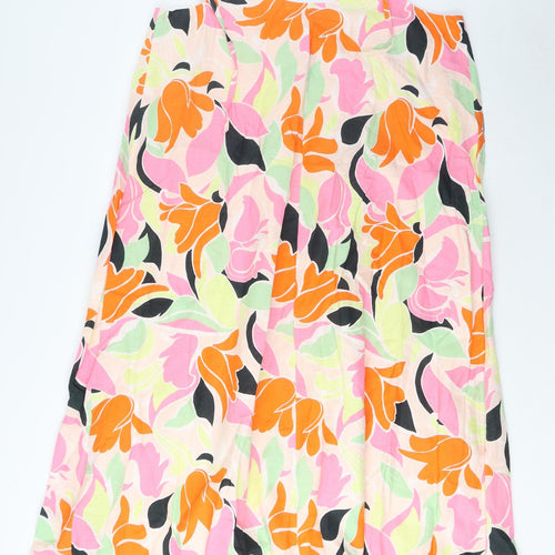 Marks and Spencer Womens Multicoloured Geometric Linen A-Line Size 14 V-Neck Pullover - Pleated