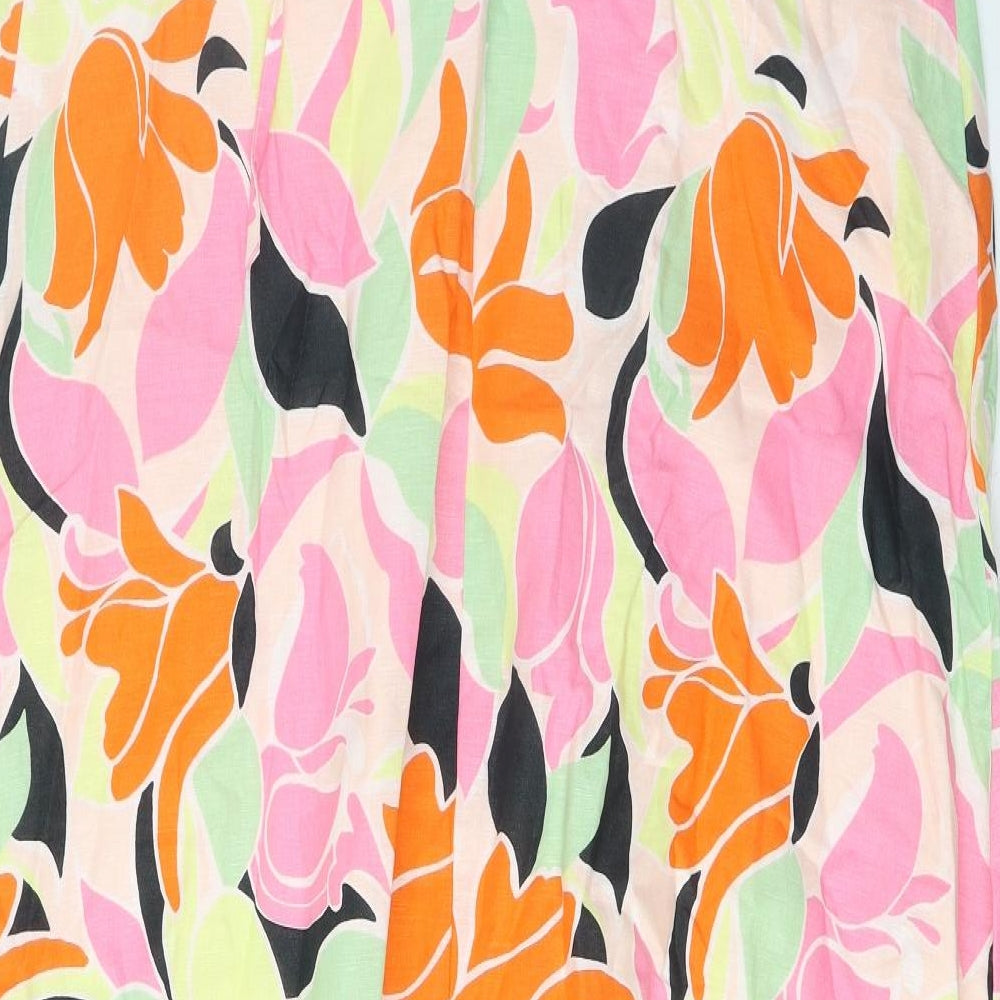 Marks and Spencer Womens Multicoloured Geometric Linen A-Line Size 14 V-Neck Pullover - Pleated