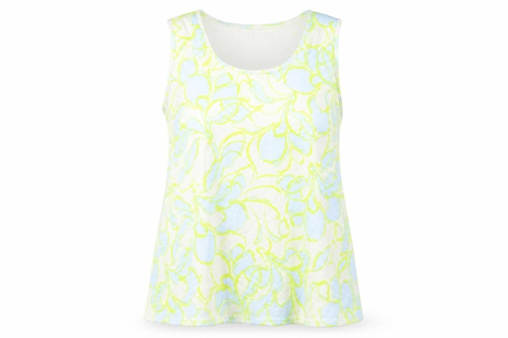 Front view of Marks & Spencer women’s multicoloured geometric polyester basic tank, size UK 24, scoop neck